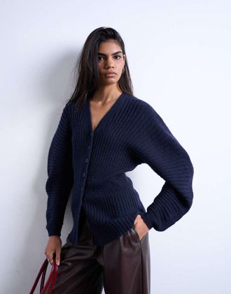 Topshop Cardigan in maglia stretto in vita blu navy con maniche cocoon