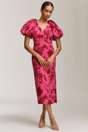 BHLDN Brooke Puff-Sleeve V-Neck Stretch Sateen Midi Dress