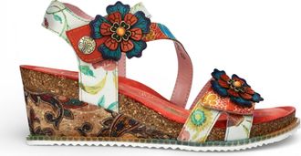 Laura Vita Laura Vita Bonito 32 damessandalen met sleehak van oranje leer en bloemenprint