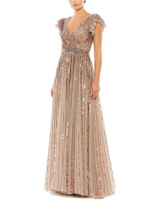 Mac Duggal Sequined Wrap Over Ruffled Cap Sleeve Gown