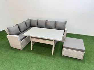 Fimous 7 Seater Rattan Garden Furniture Set with Dining Table Big Footstool in Light Grey
