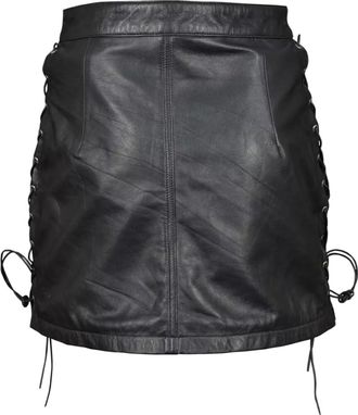 Generic Genuine Real Sheep Leather Women Ladies Short Side Laces Mini Skirt (UK, Alpha, L, Regular, Regular, Black)