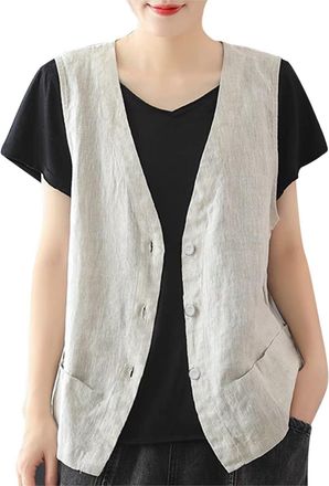 Generic Linen Waistcoats For Woman Casual Waistcoat V Neck Button Down Blazer Waistcoat Retro Summer Top Casual Loose Fit Lightweight Basic Sleeveless Suit Ja