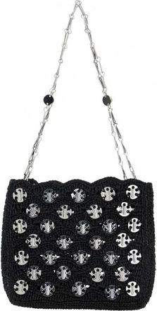 Paco Rabanne Iconic 1969 Black Shoulder Bag With Embedded Metallic Discs In Raphia