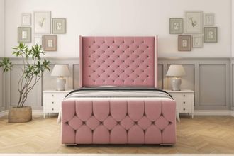 Sloomy Luthor Plush Bed Frame With 50 Upholstered Wingback Headboard in Pink | Size: Single