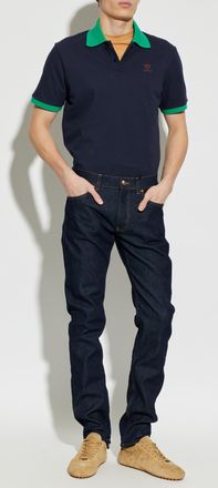 Versace Polo With Embroidered Logo, Mens, Navy Blue