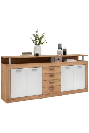 Xora Sideboard, Wei&szlig;, Eiche Artisan, Kunststoff, 2 F&auml;cher, 4 Schubladen, 195x88x38 cm, Kleinm&ouml;bel, Kommoden, Sideboards