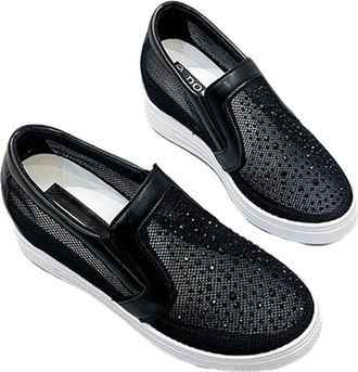 Generic Womens Slip-On Sneakers with Rhinestone Mesh Design Fashion Breathable Tennis Shoes Platform Sparkly Hidden Heel Canvas Loafers (Black,4.5)