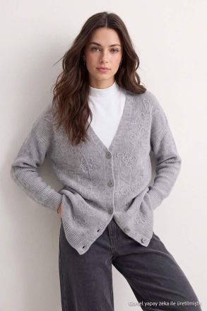 Trendyol Modest Dames Grijs Geborduurd Driekwart mouw Oversized Modest Vesten
