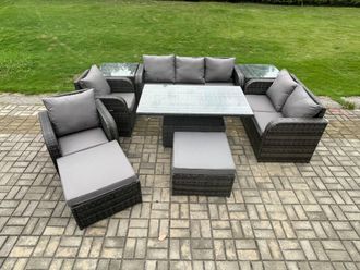 Fimous Outdoor Rattan Furniture Garden Dining Set Patio Height Adjustable Rising lifting Table Chair Sofa With 2 Side Tables in Dark Grey