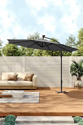 Living and Home Outdoor 32 LED Lighted Patio Umbrella with Crank Lift System with Base in Dark Grey
