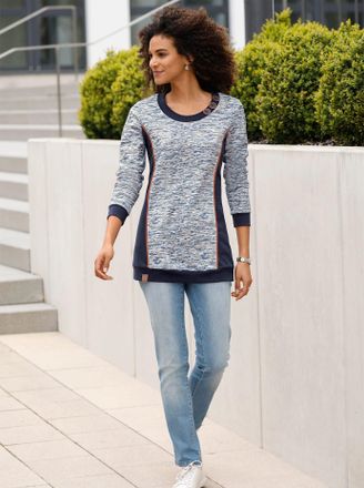 Casual Looks Sweatshirt CASUAL LOOKS, Damen, Gr. 36, blau (marine, wei&szlig;, meliert), 100% Baumwolle, Einsatz:35% Baumwolle, 65% Polyester, bedruckt, gemustert, mehrf