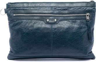 Balenciaga Pre-owned Womens Lambskin Motocross Classic Clip L Clutch - Teal Leather - One Size