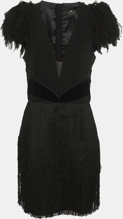 Elisabetta Franchi Black Floral Applique Fringe Mini Dress