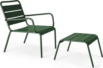 Oviala Sillón reclinable y reposapiés de metal verde bosque