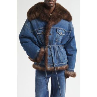 Dolce & Gabbana Genuine Shearling Trim Denim Trucker Jacket in S9001 Variante Abbinata at Nordstrom, Size 38 Us
