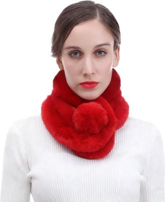 Lina & Lily Unisex Faux Fur Winter Collar Neck Scarf with Pom Pom Soft Fluffy (Red)