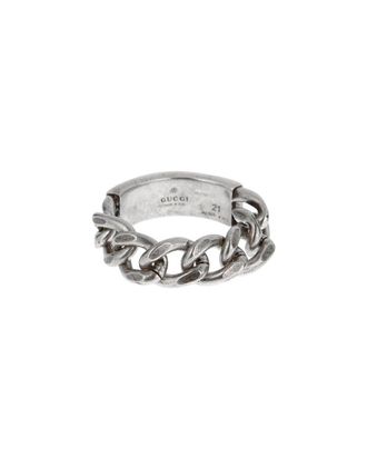 Gucci Silver Chain Link Enamel Logo Band Ring