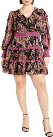 City Chic Hollie Print Long Sleeve Tiered Dress in Peaceful Paisley at Nordstrom, Size Xl
