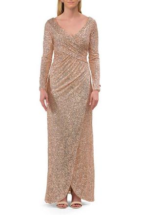 La Femme Long Sleeve Sequin Evening Dress with Ruching in Rose Gold at Nordstrom, Size 10