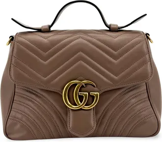Gucci Gg Marmont Top Handle Flap Matelasse Leather Brown Leather Handbag (Pre-Owned)