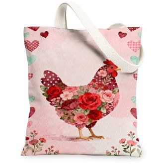 Generic Floral Chicken Canvas Tote Bags, Cute Heart Pattern Reusable Grocery Bags, Spring Vintage Lightweight Washable Shoulder Str, Peach, 13x15 Inch