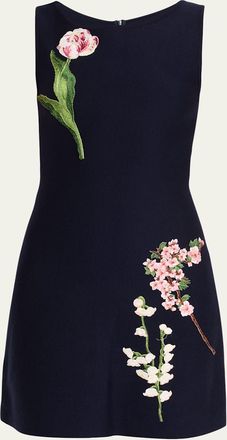 Oscar De La Renta Sleeveless Floral Embroidered Wool Knit Mini Dress