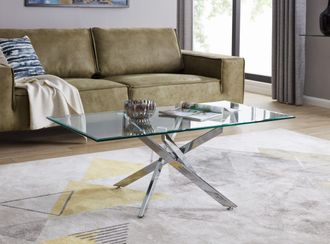 Furniturebox Leonardo Rectangular Glass Coffee Table with Metal Angled Starburst Legs for Modern Living Rooms in Silver
