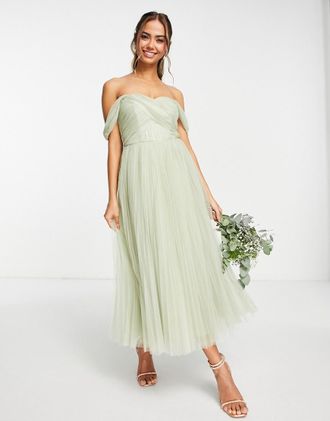 Asos Bridesmaid off shoulder tulle midi dress with tie back and pleated skirt in Sage-Green