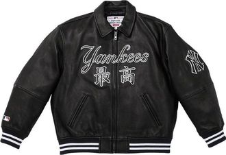 SUPREME x New York Yankees Kanji Leather Varsity Jacket Black White SUP-FW22-735