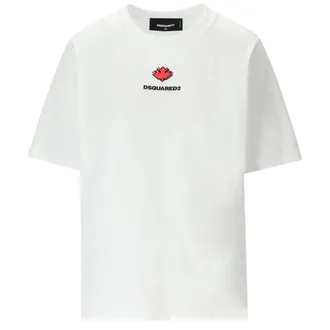 Dsquared2 Womens Pixel Leaf Logo Print Crew Neck White T-shirt Cotton - Size Small
