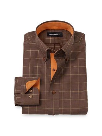 Paul Fredrick Tailored Fit Comfort Stretch Non-iron Windowpane Dress Shirt With Contrast Trim in Brown/orange at Nordstrom, Size 15.5 - 33