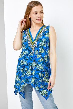 Roman Floral Print Hanky Hem Top