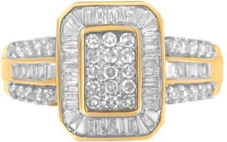 House of Brilliance 10K Yellow Gold 1.0 Cttw Round and Baguette Diamond Cluster Ring at Nordstrom, Size 8