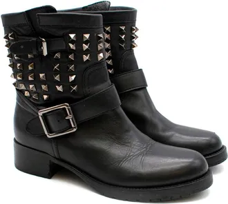 Valentino Garavani Valentino Black Leather Rockstud Biker Boot Size 37