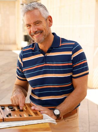 Marco Donati Kurzarmshirt MARCO DONATI Kurzarm-Poloshirt, Herren, Gr. 44/46, dunkelblau, papaya, gestreift, 100% Baumwolle, gemustert, gestreift, Shirts Kurzarmshi