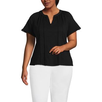 Lands End Plus Size Slub Short Sleeve Notch Neck Top in Black at Nordstrom, Size 2X