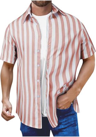 Generic Mens Stripe Shirt Casual Stylish Short Sleeve Button Down Shirts Lapel Loose Fit Dress Shirts Striped Button Up Business Work Dress Shirts Tops Summer