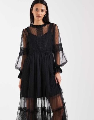 AllSaints Nita - Vestito lungo a maniche lunghe in tulle nero con volant