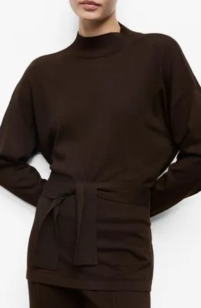 Mango Tie Waist Mock Neck Sweater in Chocolate at Nordstrom Rack, Size Small