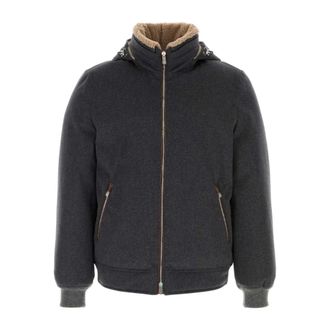 Brunello Cucinelli Jassen, Heren, Grijs, M, Katoen, Donsjack met afneembare capuchon