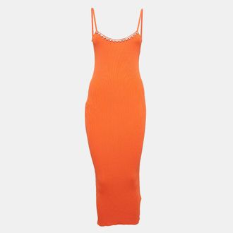 Area Area Orange Rib Knit Crystal Embellished Midi Dress