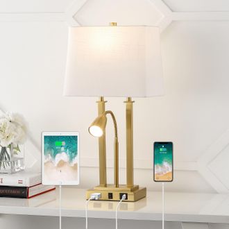 Jonathan Y Designs Blaire 23.75 2-Light Modern Farmhouse Metal LED Table Lamp with USB Charging port, Adjustable Reading Light and AC Outlet, Oil Rubbed Bronze