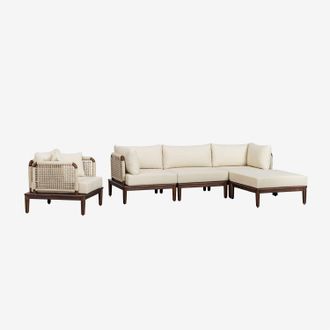 Sklum Sklum - Conjunto De Sal&oacute;n Con Sof&aacute; Modular De 3 Piezas Con 2 Sillones Esquineros, Puff Y Sill&oacute;n En Acacia Giulia