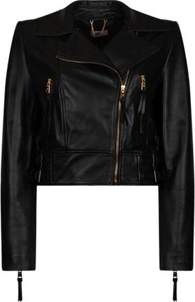 Elisabetta Franchi Jassen, Dames, Zwart, M, Leer, Zip-Detail Leren Jas