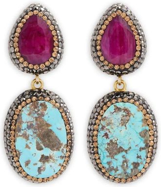 Soru Jewellery Oorbellen met robijnen en turkoois - Goud