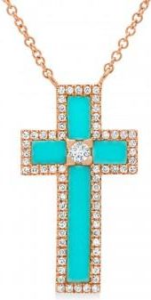 Allurez Diamond & Turquoise Cross Pendant Necklace 14K Rose Gold (1.19ct)