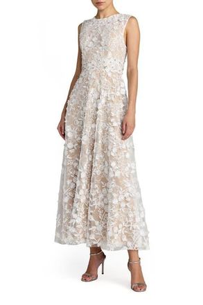Mac Duggal Floral Embroidered High Neck Midi Dress in Ivory Nude at Nordstrom, Size 10