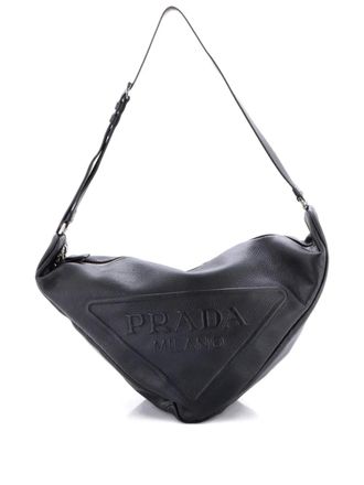 Prada Triangle Logo Zip Messenger Leather Large crossbody bag - Zwart