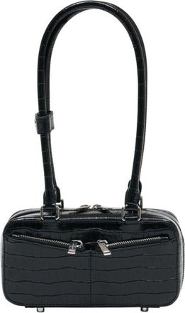 Self Portrait Womens Crocodile-Embossed Leather Shoulder Bag Black